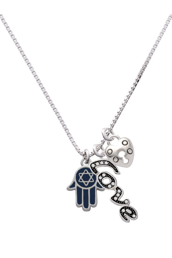 Silvertone Blue Hamsa Hand with Star of David - Love and Lock Charm Necklace, 18"+1"