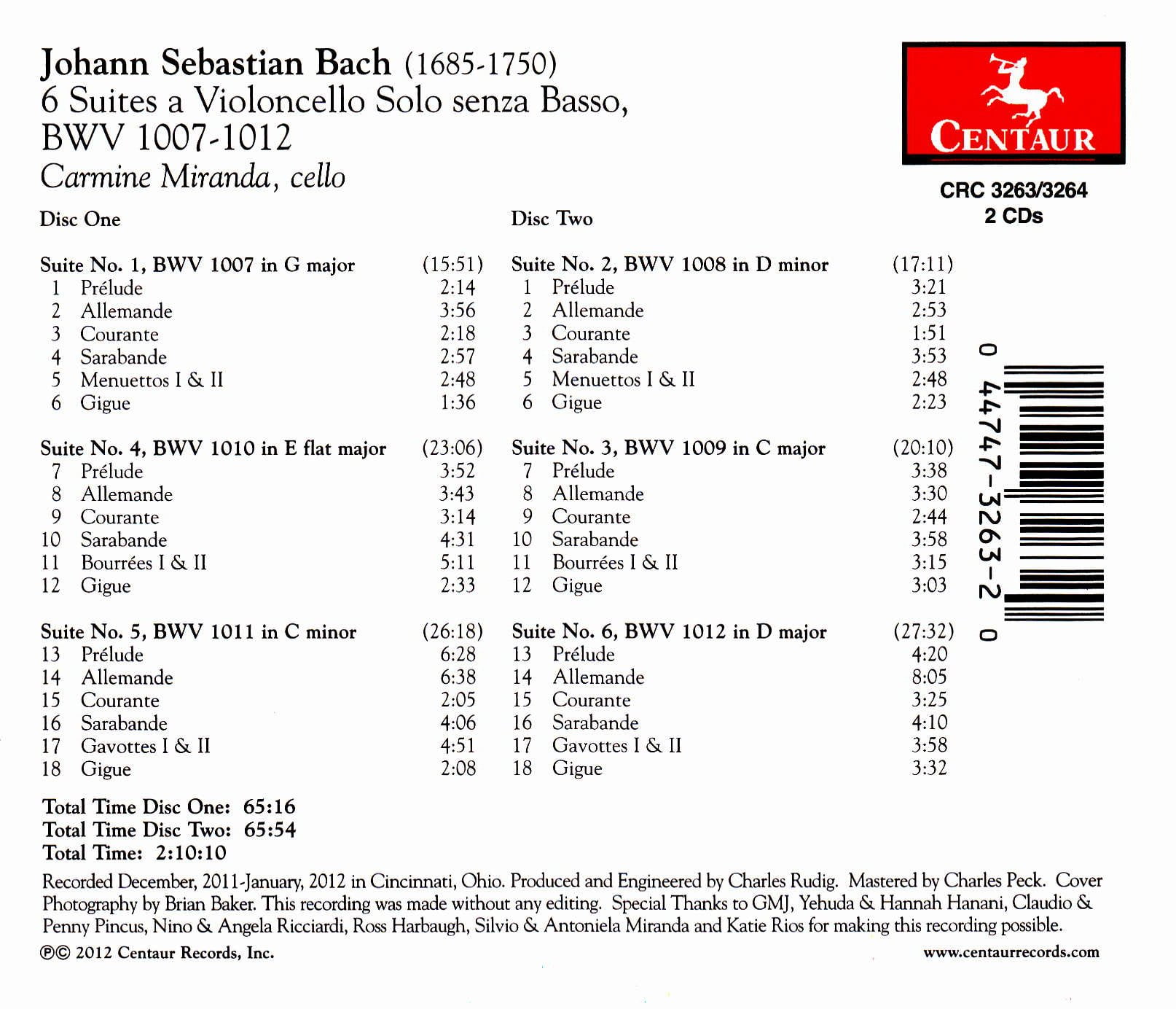 Carmine Miranda - 6 Bach Cello Suites - Music & Performance - CD