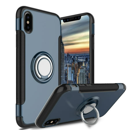 Elegant Choise iPhone X Rotating Ring Case, Armor Dual Layer Shockproof Protection Case with 360 Degree Rotating Kickstand and Magnet Car Holder Case Cover for iPhone 10(Navy