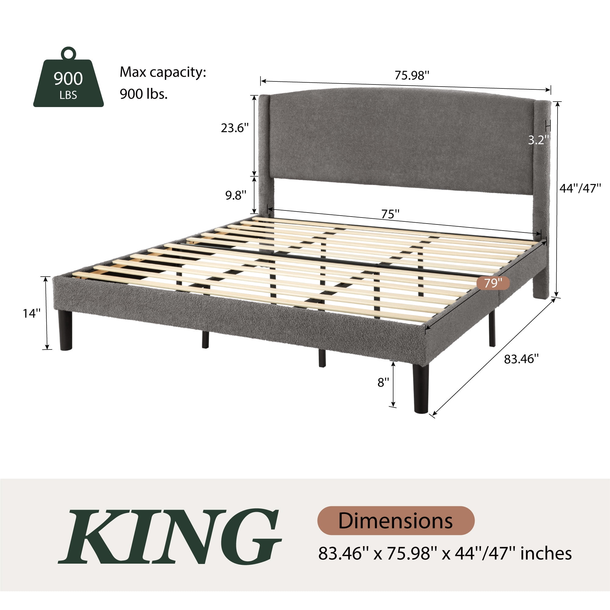 Amolife King Bed Frame, Platform Upholstered Bed with Soft Teddy Fabric Curved Headboard, Grey