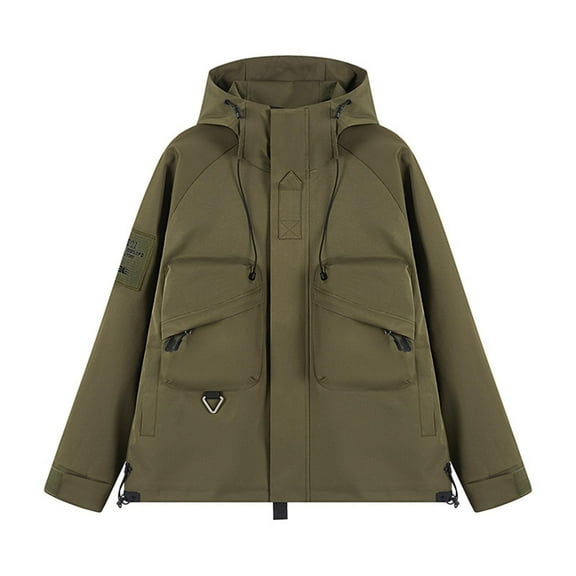 Uaswgudfs ​Women's Fall/Winter Cropped Windbreaker Jacket Hooded w/ Functional Pockets & Patch Design Outerwear​