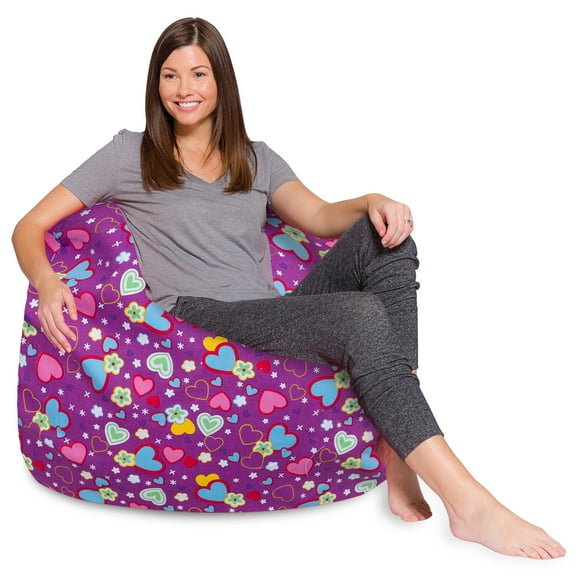 Posh Creations Bean Bag Chair, Adults, Kids, 4 ft, Canvas Multicolored Hearts on Purple