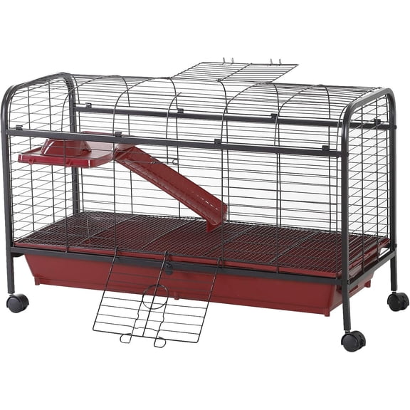 YYEAN 41" L Small Animal Cage Rabbit Hutch Ferret Pet Play House with Feeder, Rolling Wheels, Platform, Ramp
