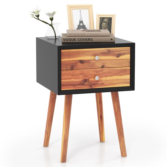 Gymax Wooden Nightstand Mid-Century End Side Table Living Room W/2 Storage Drawers