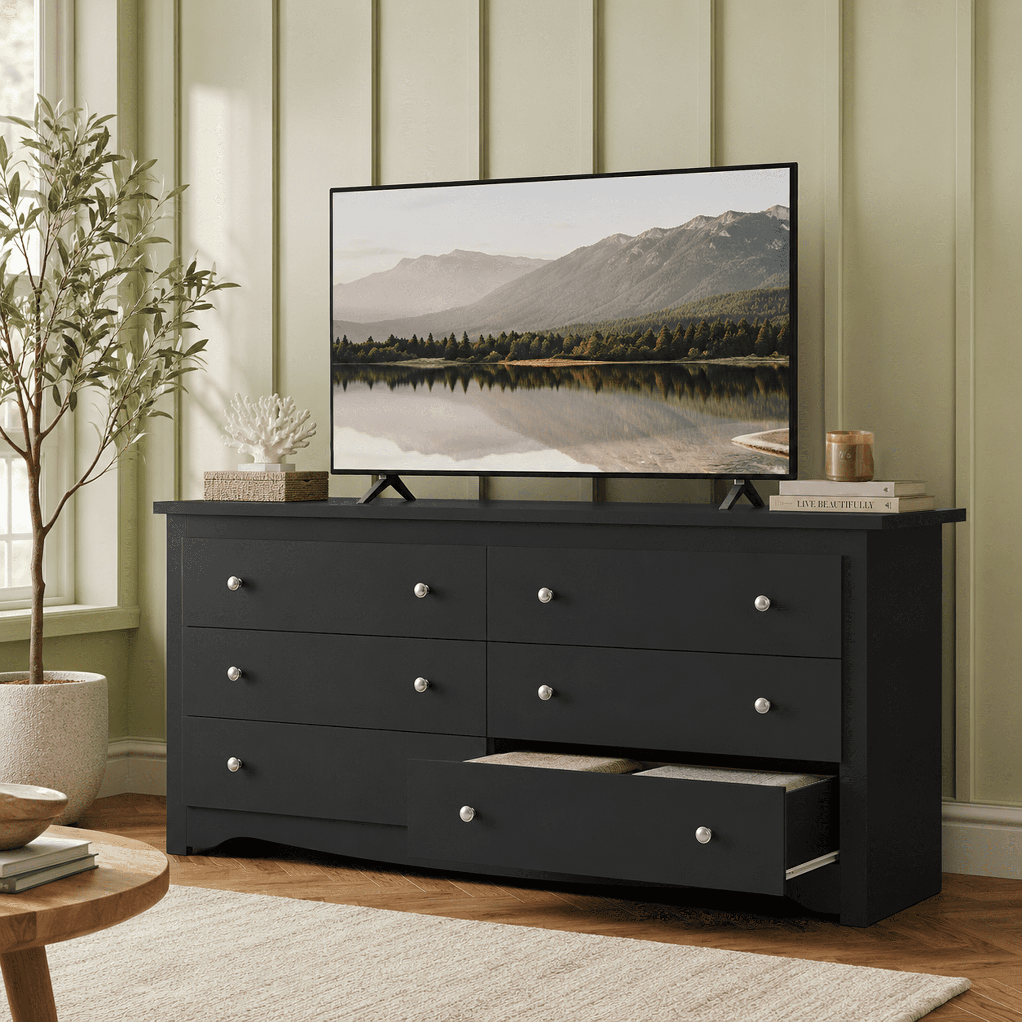 GALAXHERO Modern Wood Dresser with 6 Drawers – Wide Storage Chest for Bedroom, Living Room, Closet, Hallway – Large Organizer Nightstand Unit, 59”W, Black