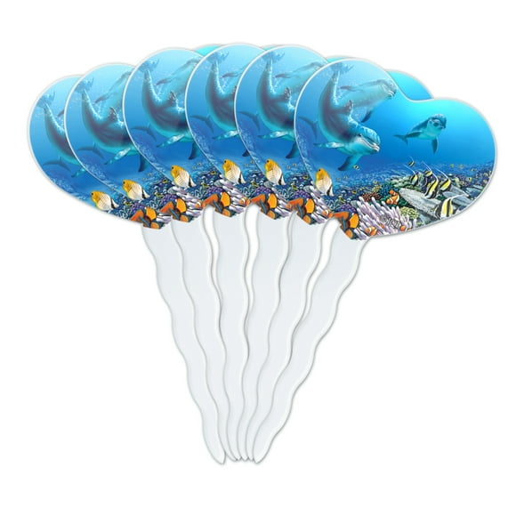 Ocean Underwater Dolphins Scuba Diving Reef Heart Love Cupcake Picks Toppers Decoration Set of 6