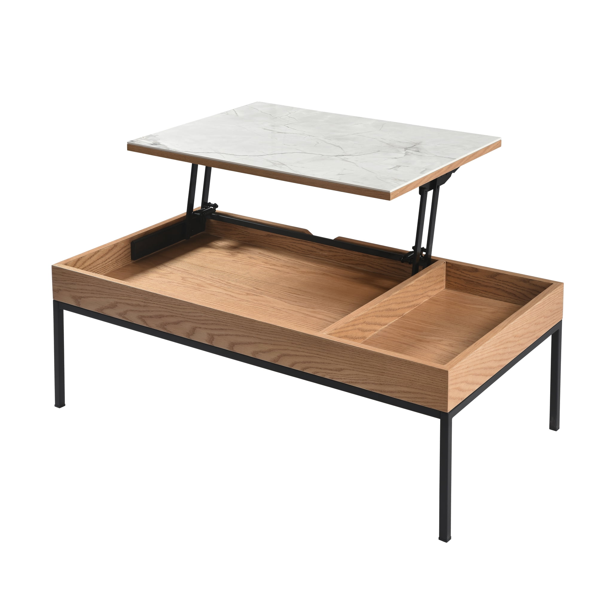 Reba Transitional Rectangular Lift-Top Coffee Table in Natural Finish with Sintered Stone Panel