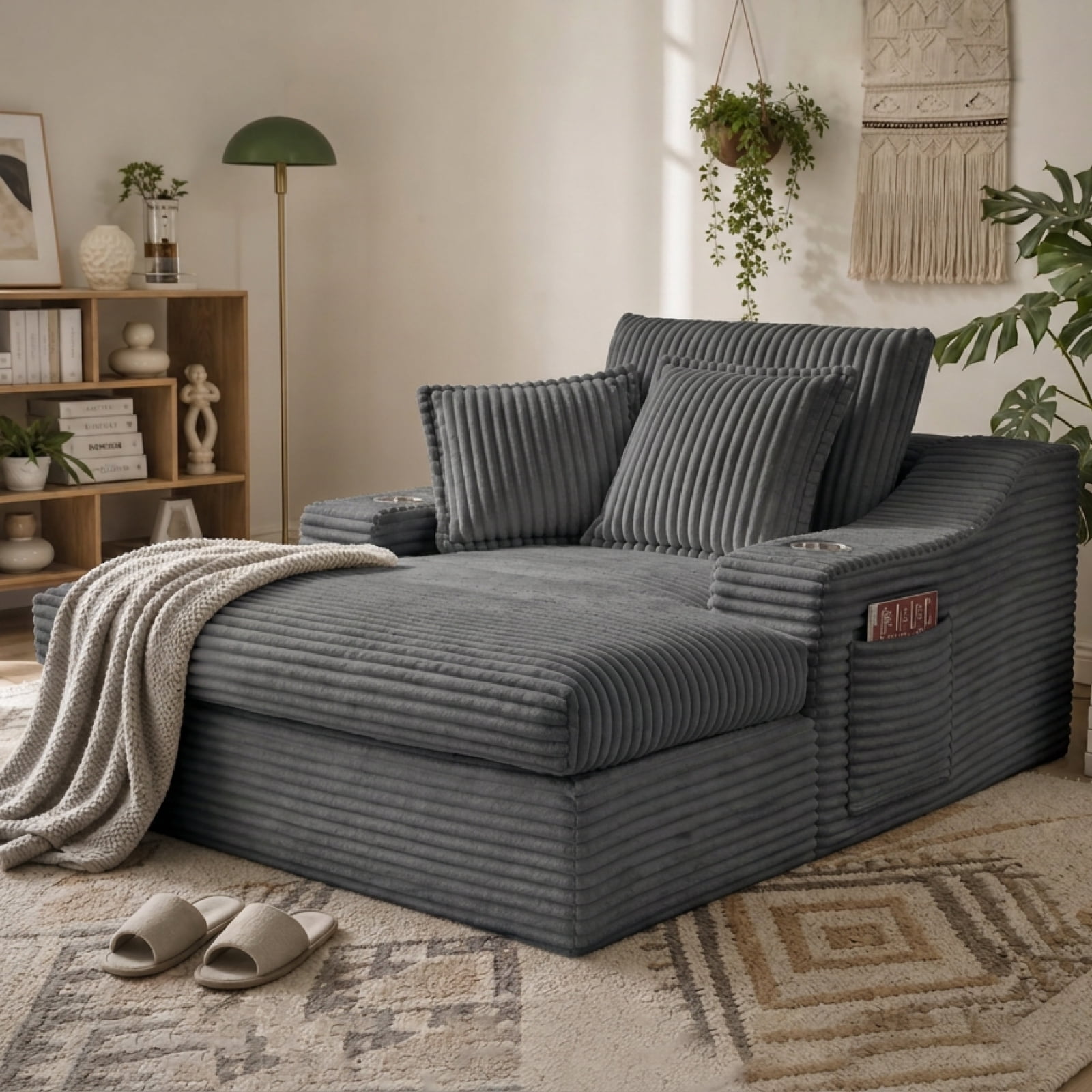 47" Wide Oversized Single Chaise Lounge Chair, 67'' Sleeper Sofa Bed with Cup Holders & 3 Pillows