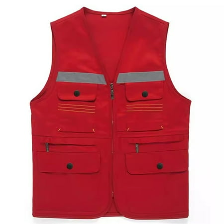 wo-fusoul Men s Fishing Vest Outdoor Lightweight Work Photo Vest Multi Pockets Red 3XL
