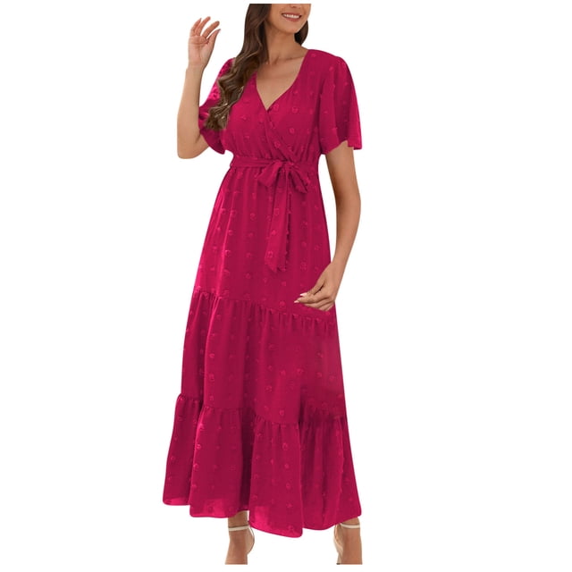 Liquidation d'Été 2025! Robe Grande Taille pour Femmes, Liquidation de Robe d'Été pour Femmes, Mode Femmes Été Décontractée Col en V Manches Courtes à Volants Robe Unie