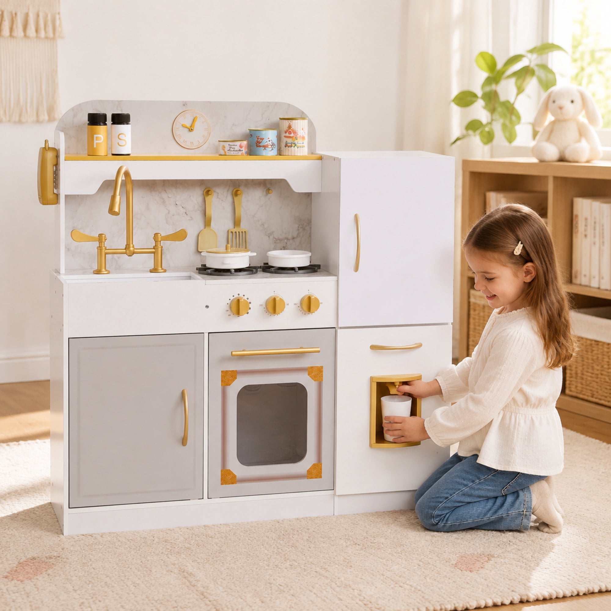 Teamson Kids Play Kitchen Set with Refrigerator, 17 Accessories, Interactive White Pretend Play Wooden Kitchen with Gold Tap - Little Chef Versailles