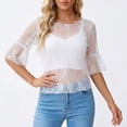 thumbnail image 2 of Trendfront Womens Floral Lace Blouses Crewneck 3/4 Sleeve Sheer Mesh Elegant Scalloped Hem Dressy Casual Party Holiday Going Out Tunic Tops, 2 of 4