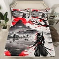 thumbnail image 2 of jejeloiu Japanese Samurai Twin Sheet Sets,Retro Ink Painting Twin Fitted Sheet,Red Flower Floral Flat Sheet For Boys Kids,Microfiber Bedroom Decor,3 Pieces, 2 of 7