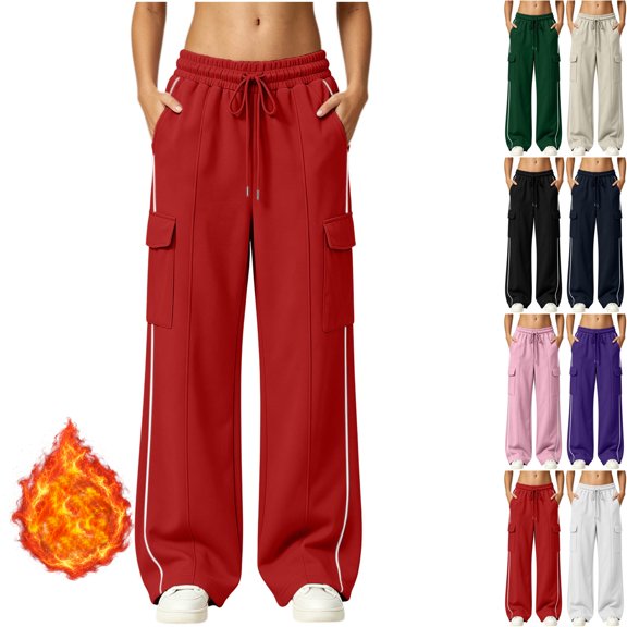 Womens High Waisted Wide Leg Cargo Sweatpants Baggy Y2K Striped Fleece Pants Elastic Waist Drawstring with Flap Pockets Streetwear Outfits, Red, XL