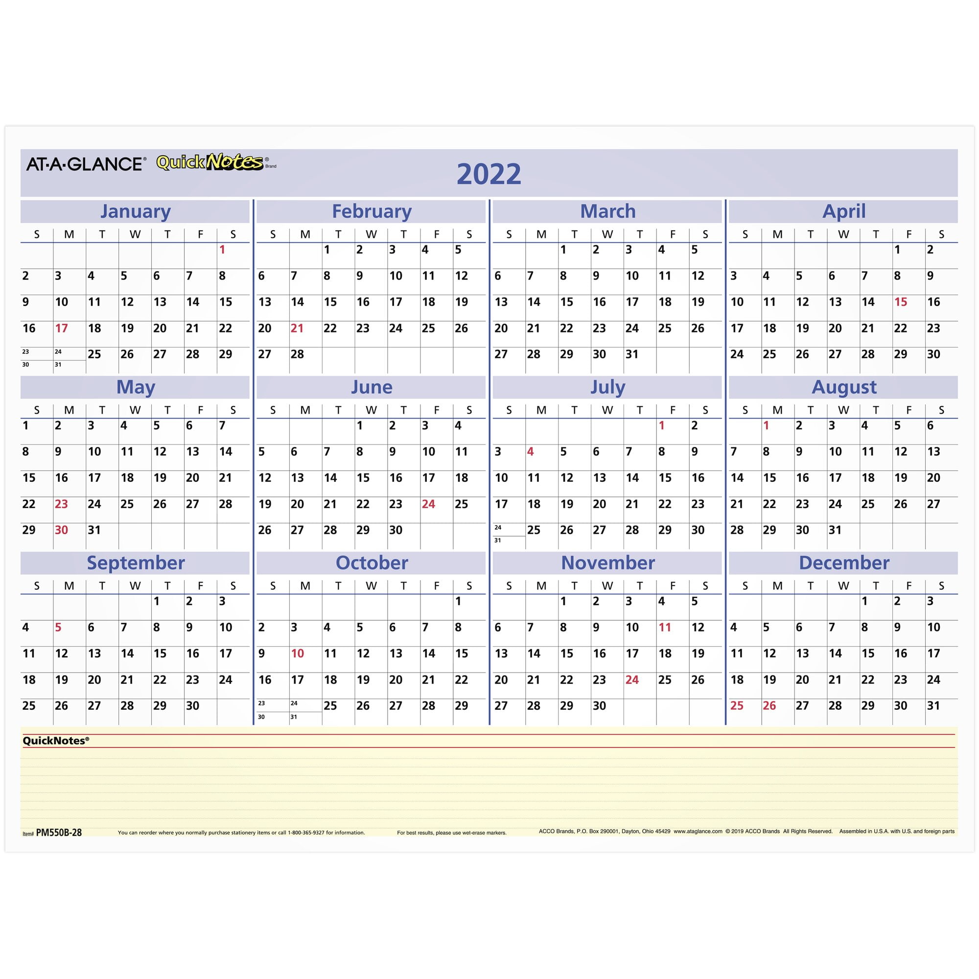 AT-A-GLANCE QuickNotes Compact Erasable Monthly/Yearly Wall Calendar, Reversible, 16' x 12', January 2022 to December 2022 - PM550B2822