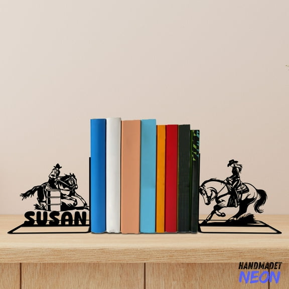 Handmadetneonsign Cowgirl Metal Bookends, Cowboy Name Bookend, Cowgirl Riding Horse Table Bookshelf Decor 76590