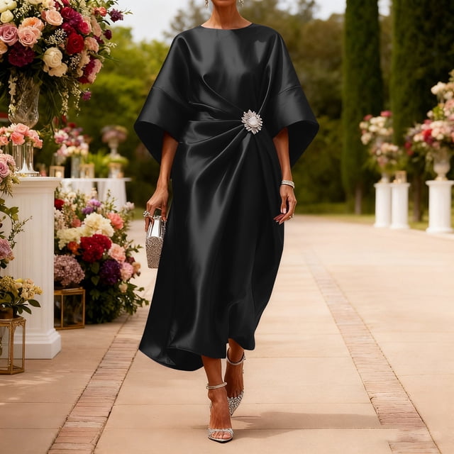 Mceream Robe Maxi en Satin à Manches Chauve-Souris pour Femmes Col Rond Taille Froncée Mariage Cocktail Soirée Formelle Grande Taille Noir m