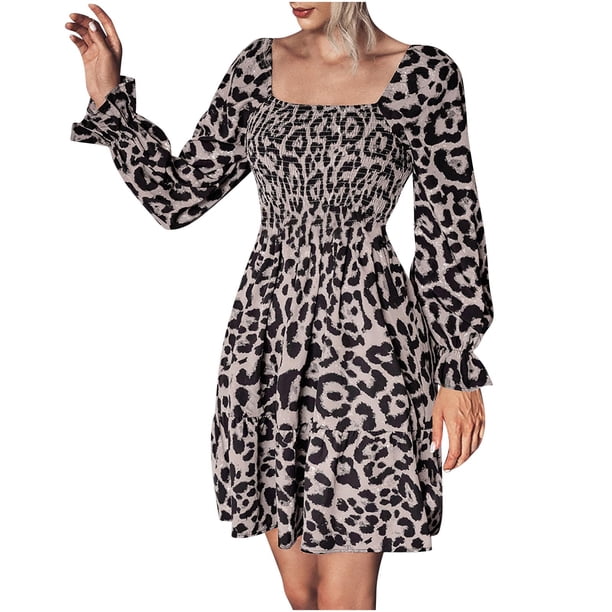 Vestido hasta la rodilla elástico de manga larga con estampado de leopardo y cuello cuadrado informal para mujer a la moda Pompotops hdfakjf6914