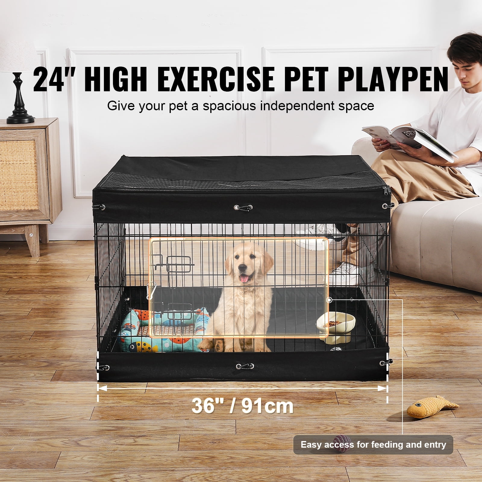 KFFKFF Pet Enclosure, 4 Panels Dog Playpen with Cover and Mat, 24"H x 36"W Collapsible Iron Animal Activity Area, Indoor and Outdoor Canine Barrier with Gate
