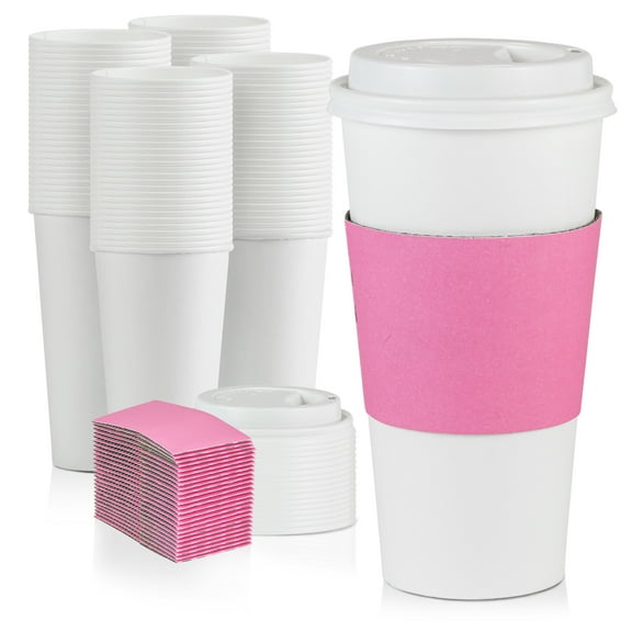 [500 Pack] White Coffee Cups with White Dome Lids and Pink Sleeves - 20 oz Disposable Paper Coffee Cups - To Go Cups for Hot Chocolate, Tea Cold Drinks Take Out Cafes Bistros Restaurants Business