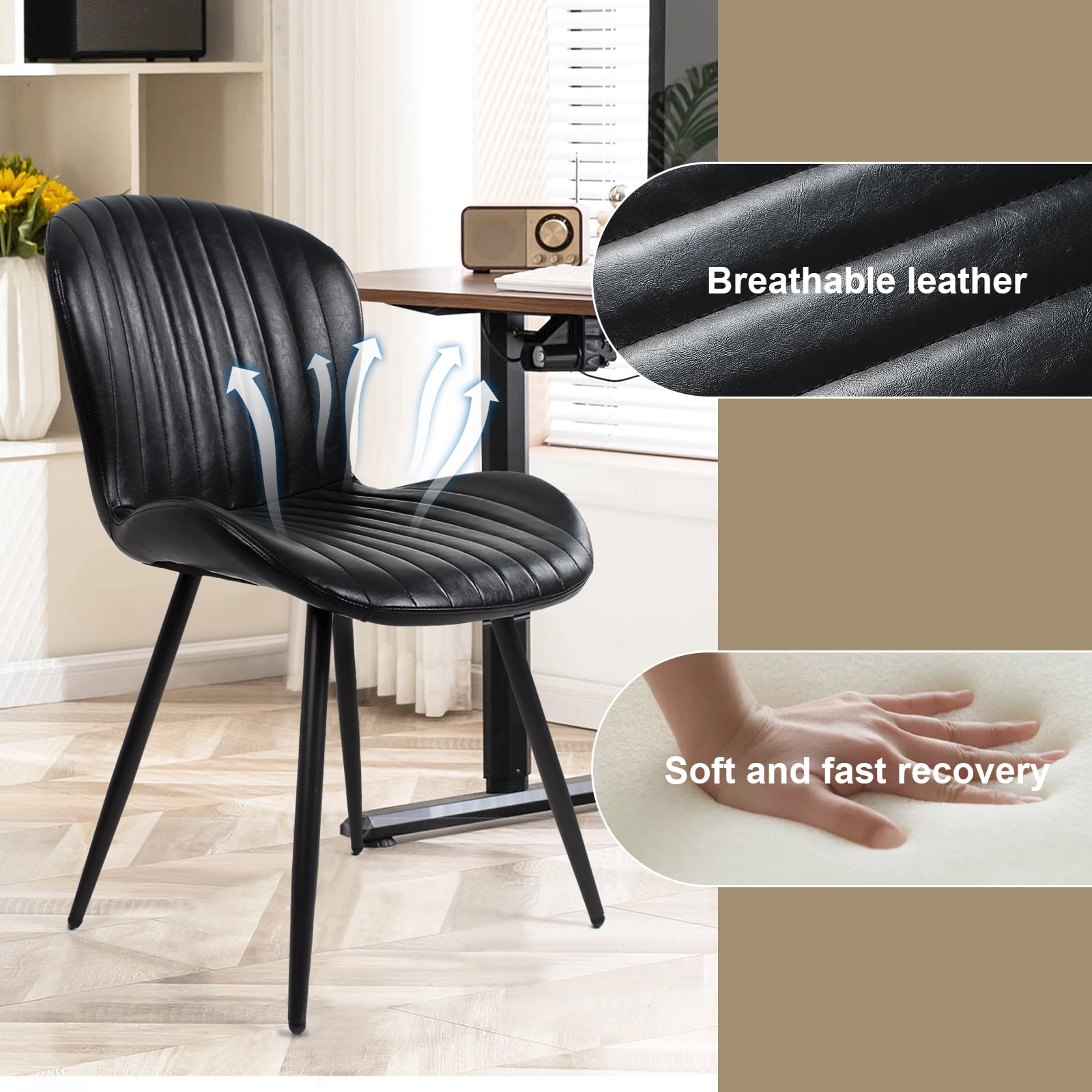 Set of 2 Black Modern Dining Chairs, 2nd-Gen Leather Upholstery, Ergonomic Curved Backrest, Sturdy Metal Legs, 400 lbs Capacity, Waterproof & Scratch Resistant