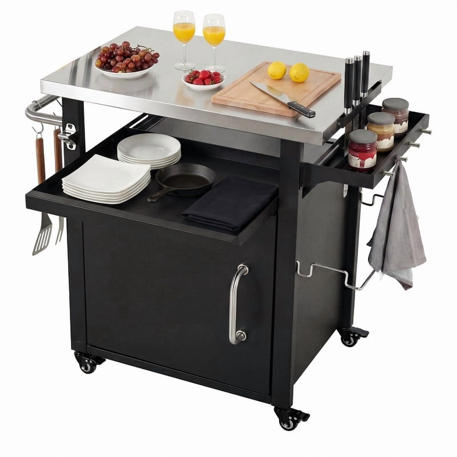 Outdoor Grill Cart with Stainless Steel Top, Outdoor Bar Cart Prep Table Pizza Oven Table with Wheels, Spice & Paper Rack