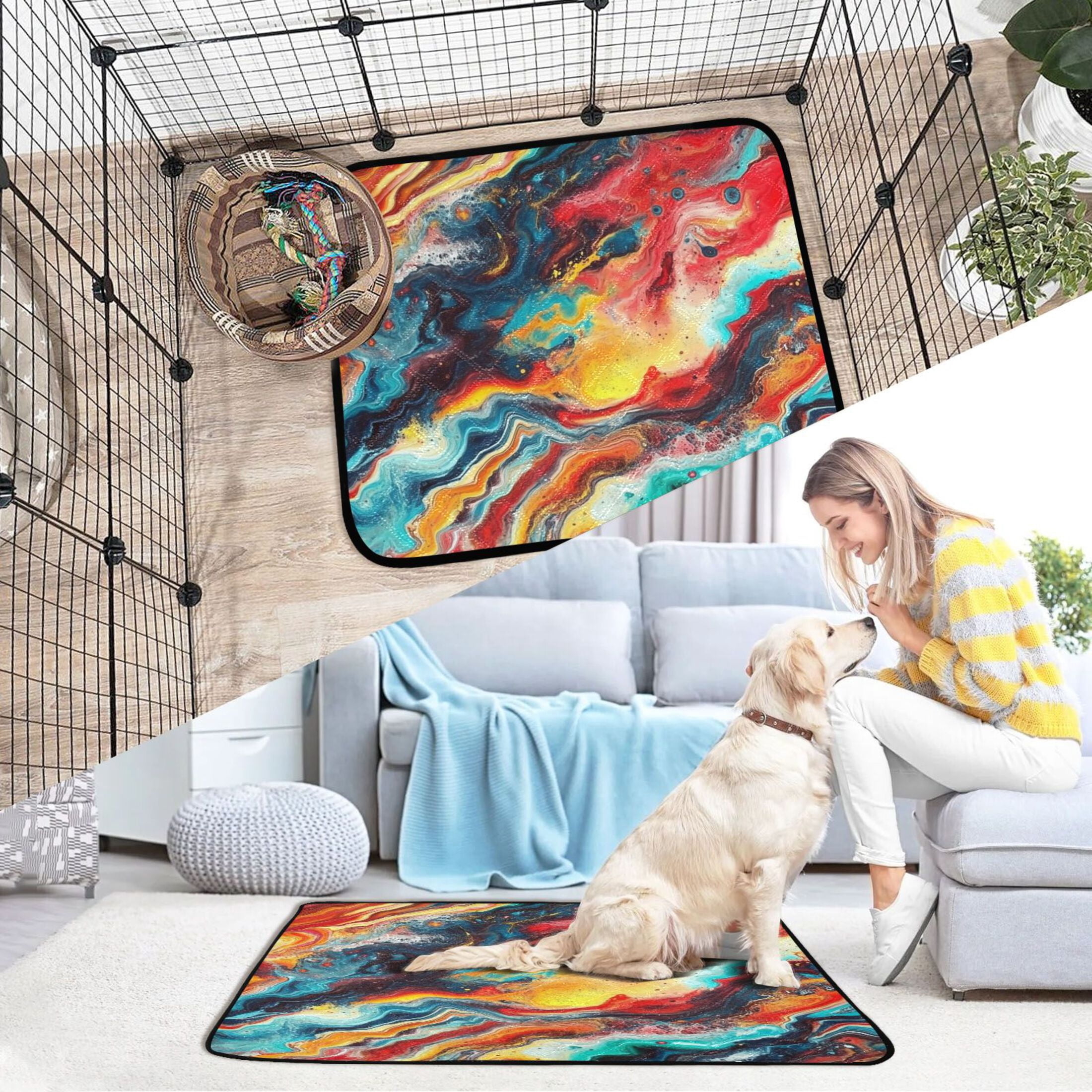 Qxltty Colorful Flow Patterns Cat litter Pads Pet Set of 2 Diaper Mats Center Anti-leakage Layer Absorbent Soft and Comfortable