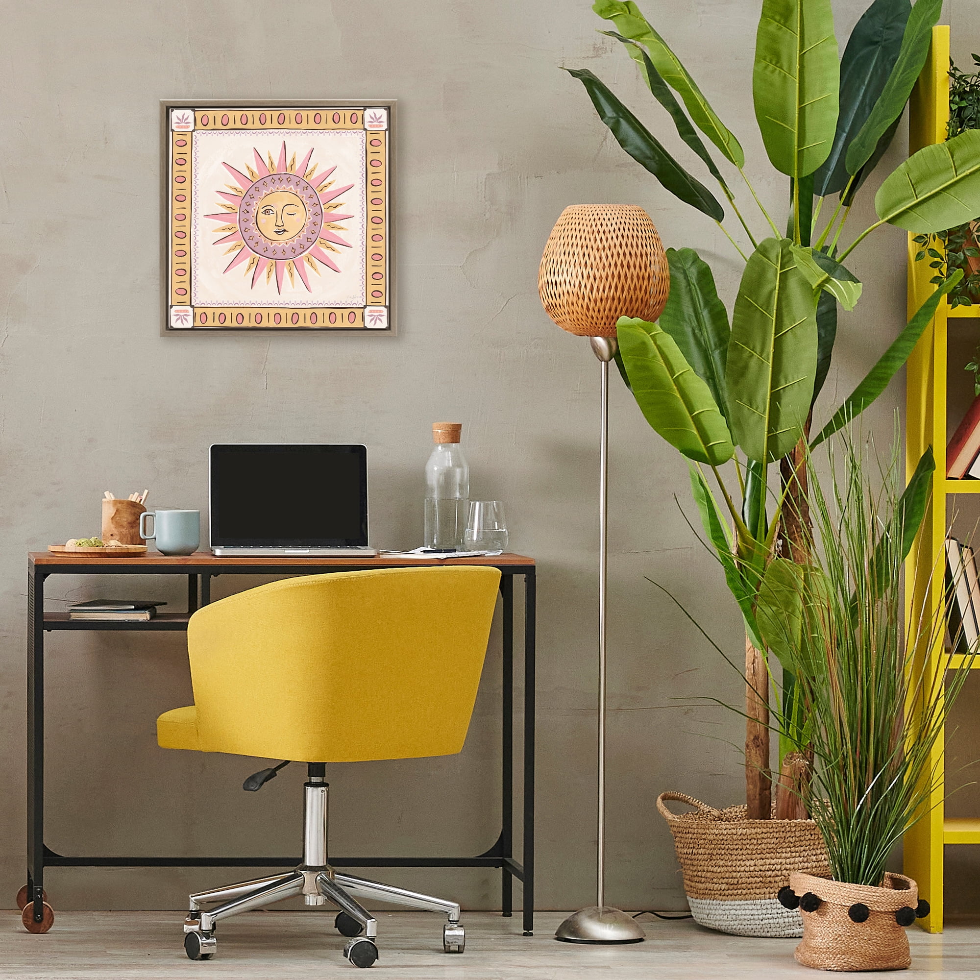 Stupell Industries Pastel Winking Sun with Border Brown Framed Floater Canvas Wall Art, design by Two If By Sea Studios