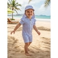 thumbnail image 4 of BemeyourBBs Toddler Baby Girl Boy Striped Swimsuit with Hat Set 2 Pcs Infant Bathing Suit Zip Up Ruffled Trim Short Sleeve One Piece Swimwear Summer Beachwear UPF 50+ Rash Guard, 4 of 9