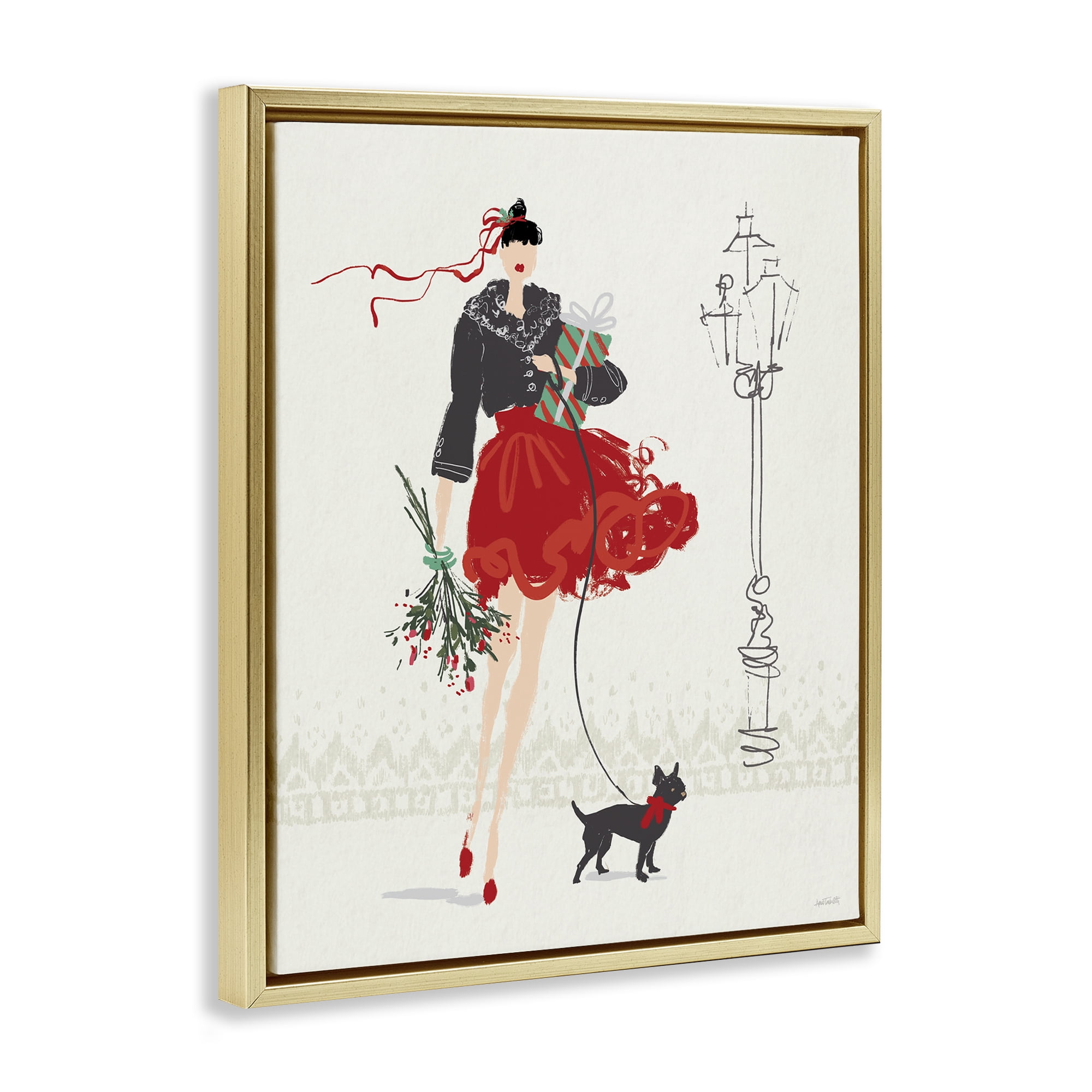 Stupell Industries Holiday Fashionista Girl Holiday Painting Gold Floater Framed Canvas Art Prints Wall Art, 17 x 21