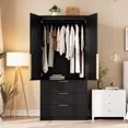 thumbnail image 3 of GarveeHome Armoire Wardrobe Closet, 69.5" Tall Wooden Wardrobe Cabinet with Rattan Doors, 2 Doors & 3 Drawers, Hanging Rod Clothing Storage for Bedroom, Entryway, Modular Design, Black, 3 of 8