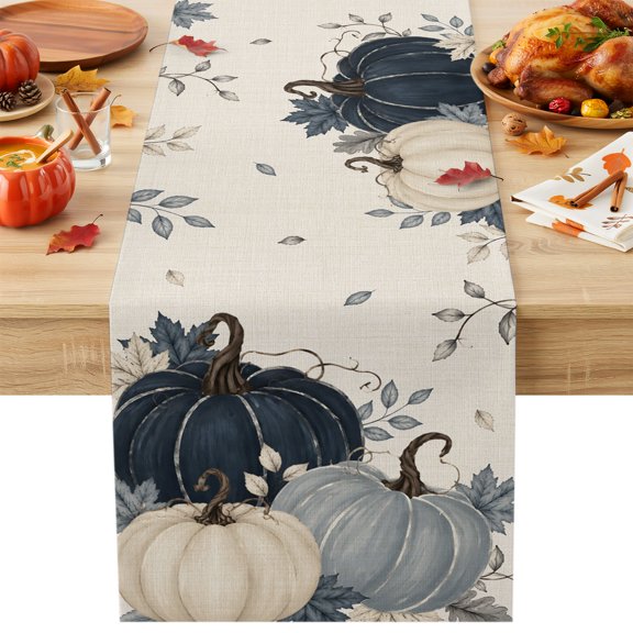 Fall Pumpkin Navy Blue Cotton Linen Rectangle Table Runners 13"x60", Rustic Botanical Autumn Thanksgiving Coffee Table Runner Dresser Scarves Table Runners for Wedding Party Banquet Dinner Decor