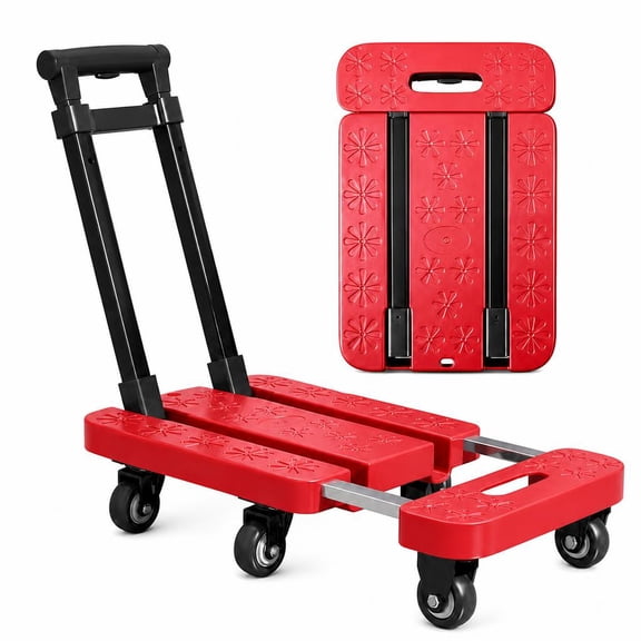 Canming Folding Hand Truck, Heavy Duty Platform Dolly, Portable 6 Wheels Collapsible Luggage Cart for Moving, Warehouse, Travel, Red