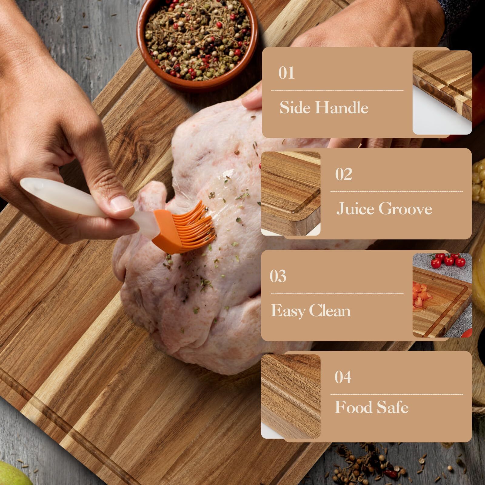 EuKer Large Acacia Cutting Board, 24" x 18" Solid Wood Butcher Block with Side Handles for Kitchen