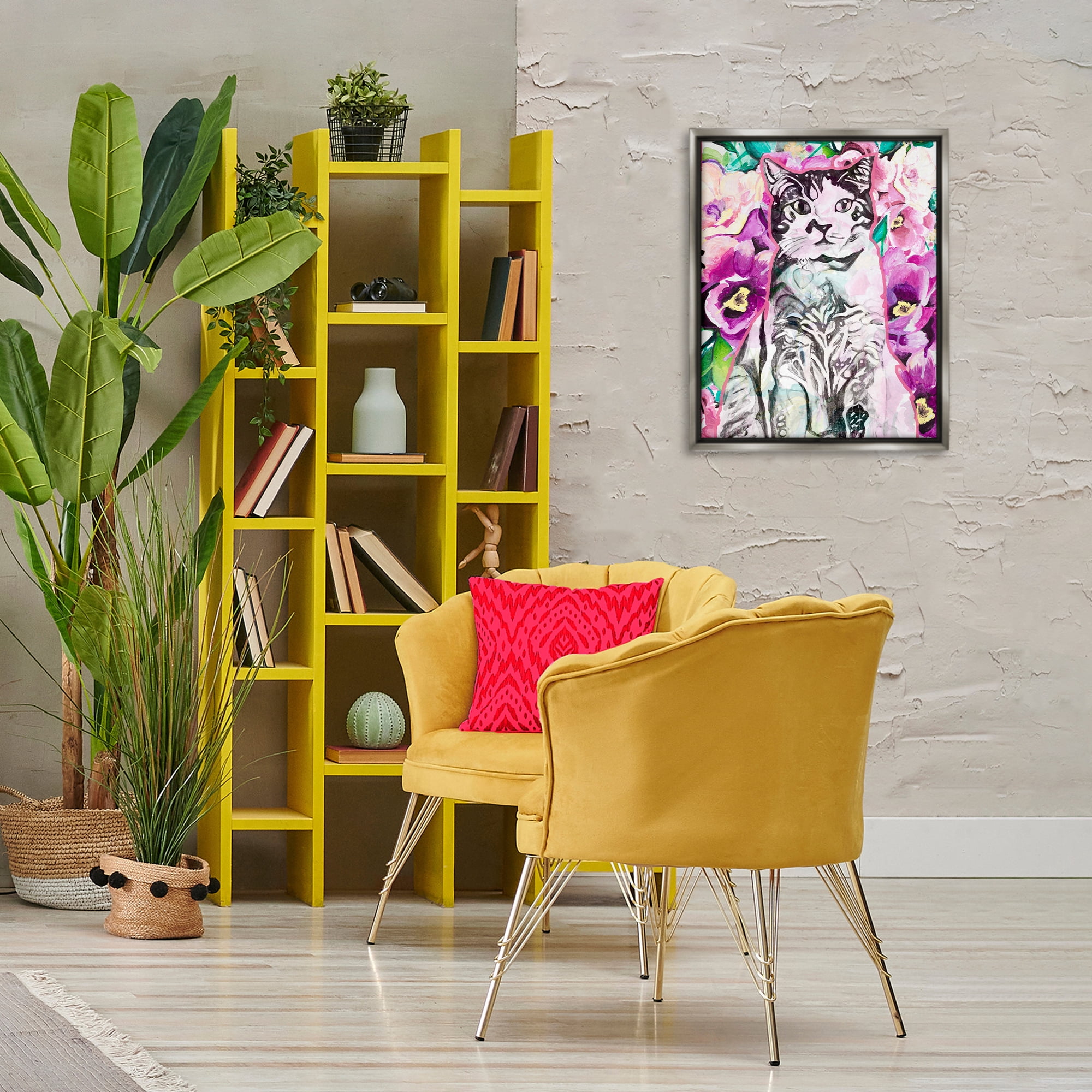 Stupell Industries Kitty Among Flowers Animals & Insects Painting Gray Floater Framed Canvas Art Print Wall Art, 17 x 21