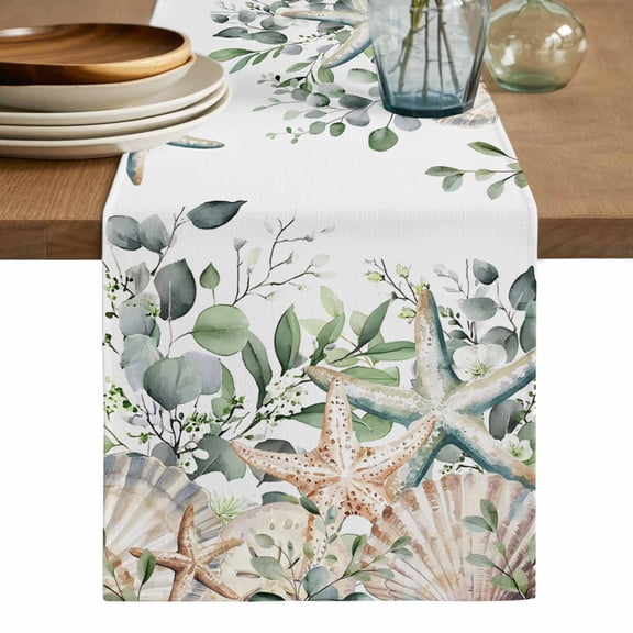 Sage Green Ocean Table Runner, Coastal Eucalyptus Starfish Shell Washable Cotton Linen Table Runners 108 Inches Long, Dresser Scarf Runner for Dining/Living Room/Kitchen/Square Tables 13''x108''