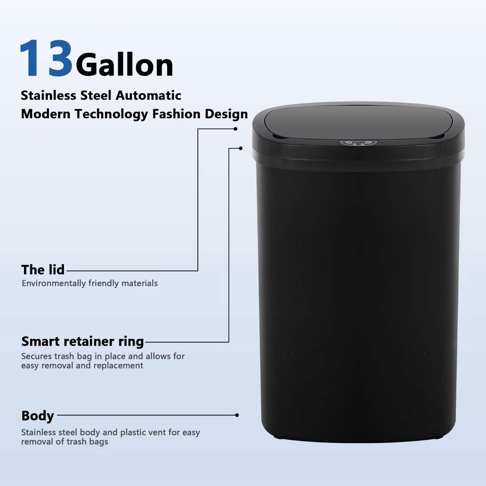 YRLLENSDAN,Kitchen Trash Cans 13 Gallon,Kitchen Garbage Can with Lid,Automatic Trash Cans Touchless,Simple Human Trash Can,Black