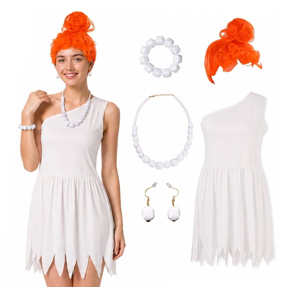 Bulex Caveman Costume for Women, Adult White Cavewoman Outfits One Shoulder Dress with Orange Wig, Necklace, Earrings & Bracelet for Halloween Cosplay Party Dress-Up
