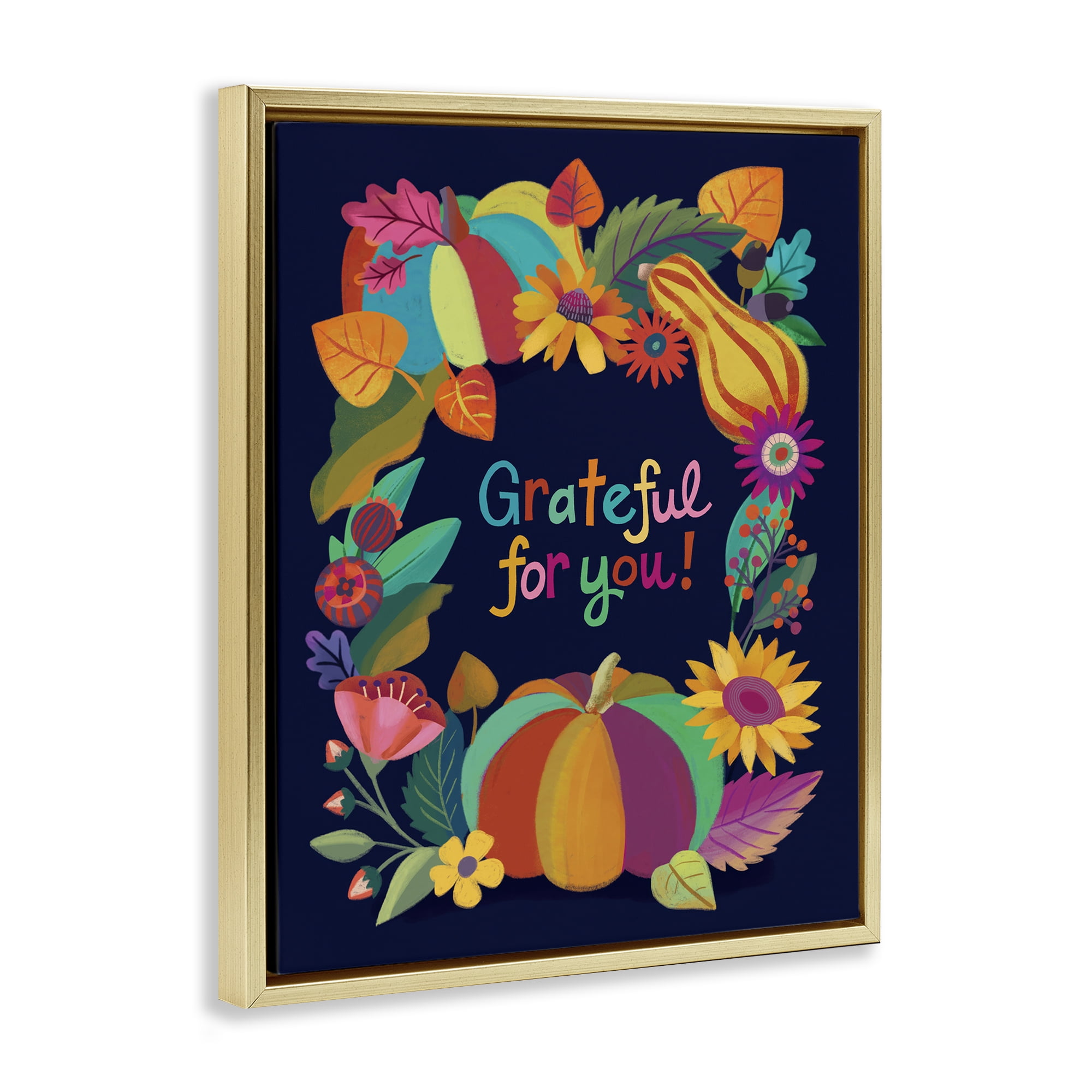 Stupell Industries Grateful For You Gourds Holiday Painting Gold Floater Framed Canvas Art Print Wall Art, 17 x 21