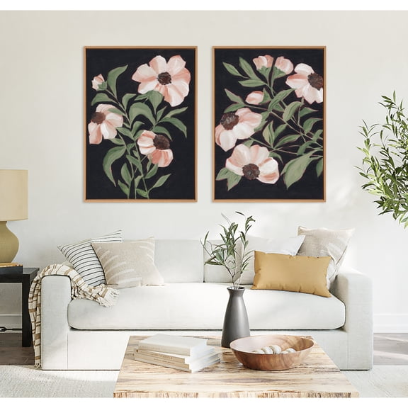 Kate and Laurel Sylvie Beaded Nocturnal Blossom 1 and 2 Vintage Framed Canvas Wall Art Set by Nikita Jariwala, 2 Piece Set 28x38 Beaded Natural, Botanical Two-Piece Framed Art Set for Wall