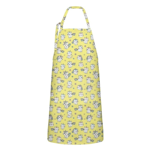 Yellow Cartoon Cat Unicorn Pattern Apron-Garden Aprons for Women with Pockets-Cotton Linen Waterproof Kitchen Cooking Gardening Aprons Adjustable for Kitchen,Cooking,BBQ and Salon 33x27 Inch
