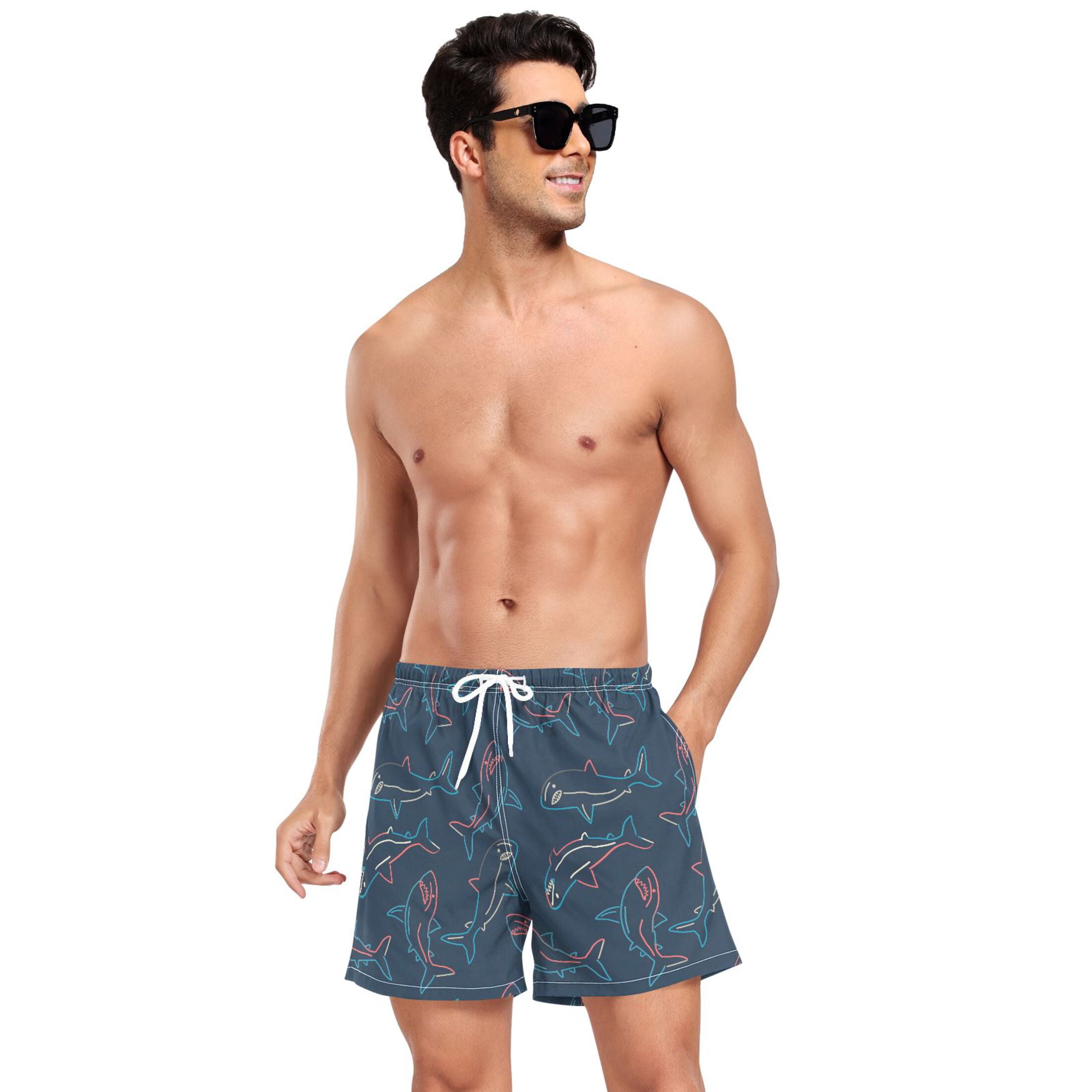 joogoo Men's Sharks-a1 Swim Trunks with Liner Pocket Beach Shorts M