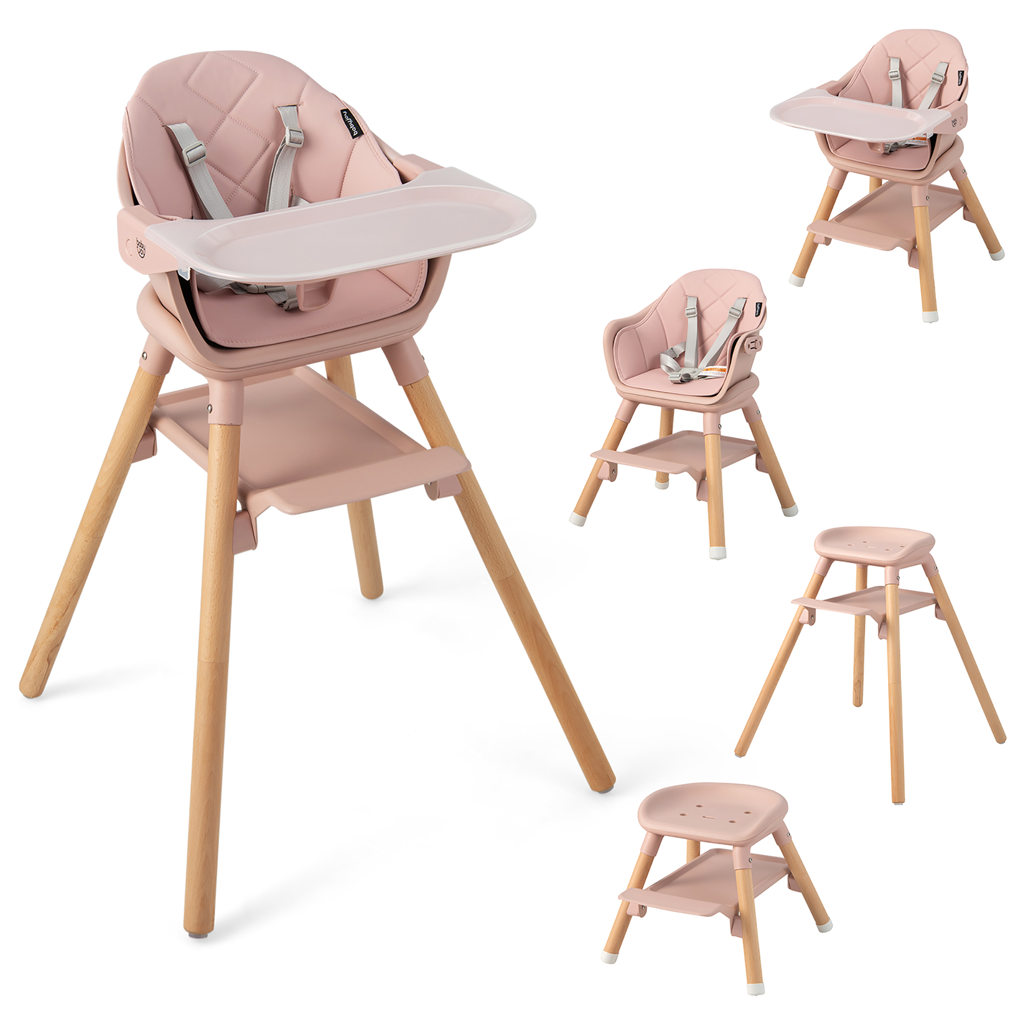 Costway 6-in-1 Convertible Wooden Baby High Chair with Removable Tray, Pink