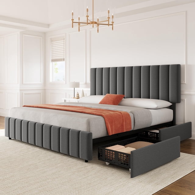Tamaño completo-size gray marco de cama: 4 almacenamiento cajones, adjustable height cabecero, linen forrado cama de plataforma, no necesita colchón base, fácil montaje