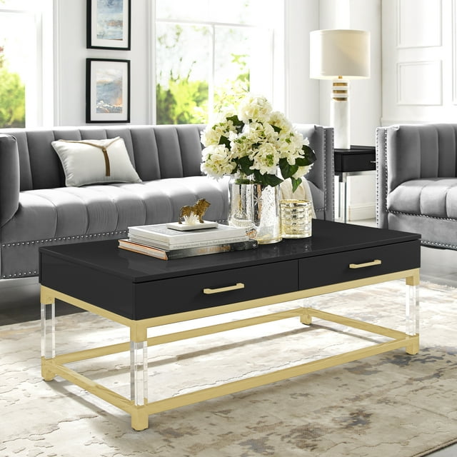 Inspired Home Maximo Coffee Table 2 Drawers High Gloss Acrylic Legs Stainless Steel Base Modern Design