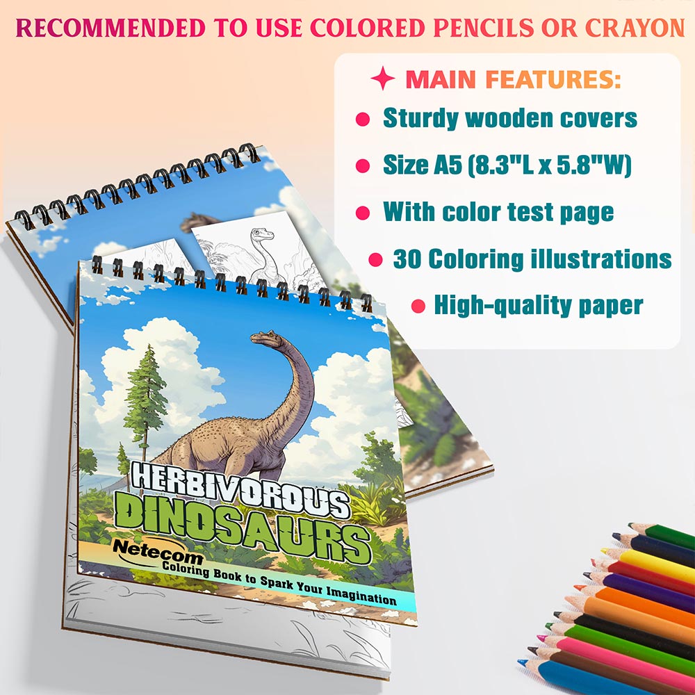 Netecom Herbivorous Dinosaurs Coloring Book for Adults, A5 Wooden Cover, 30 Epic Coloring Pages of Herbivorous Dinosaurs for Stress Relief and Relaxation, Spiral Bound Edition