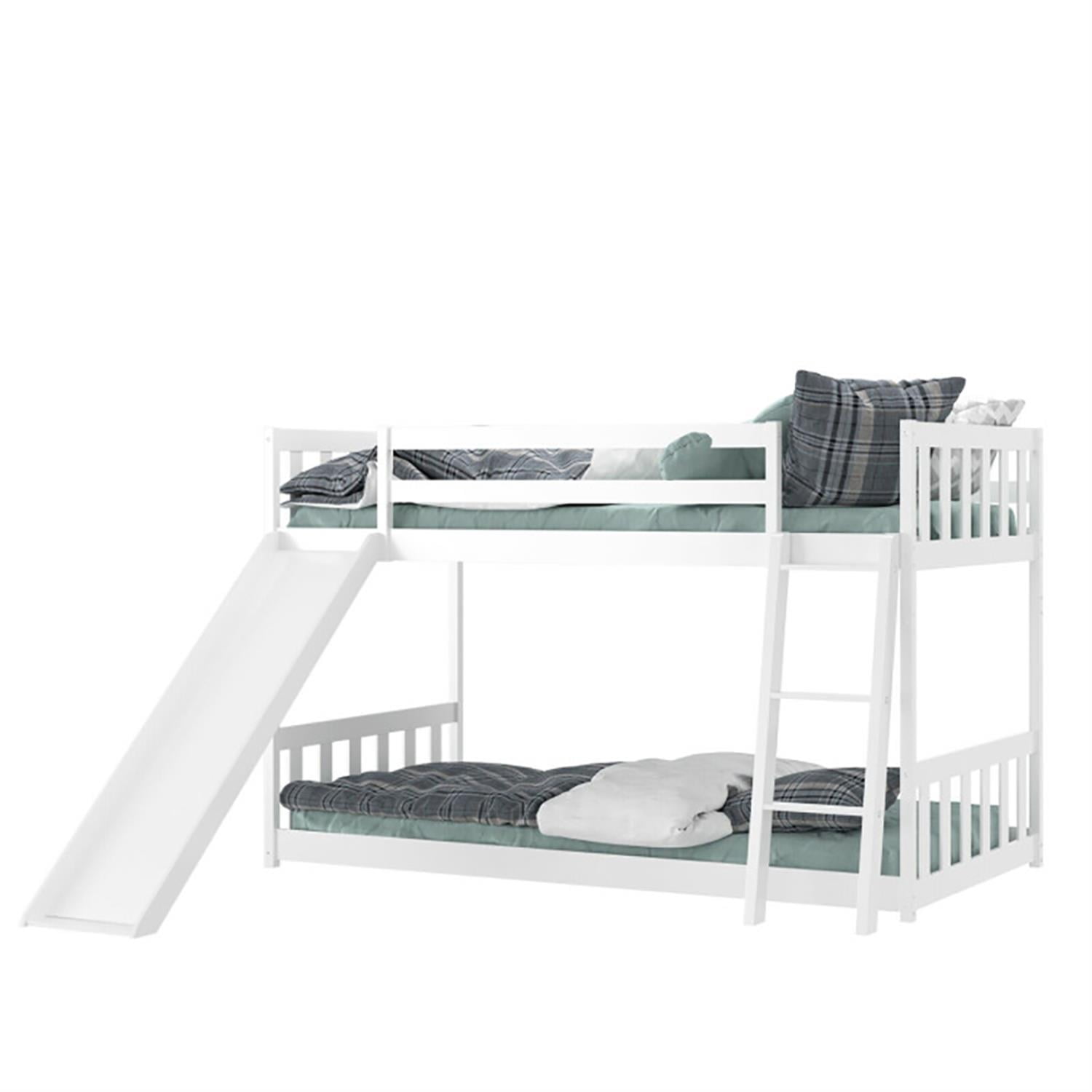 Demi Bonn Twin Over Twin Bunk Bed with High Guardrails and Slide Ladder, Twin Bunk Solid Wood Low Beds, Bed Frame, White
