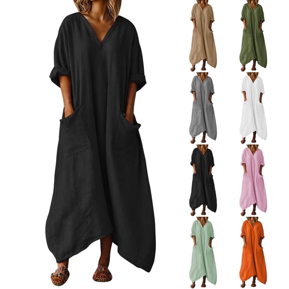 Zorckvet Womens Linen Dresses Cotton Trendy Crewneck Loose Plus Size Fashion Dress for Women Short Sleeve