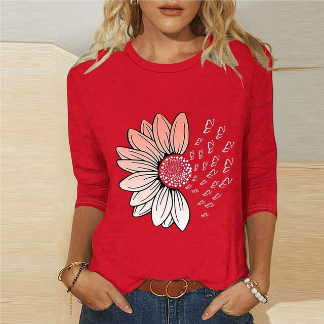 Ounisa Shirts Chemises pour Femmes Manches 3/4 Hauts Grande Taille Col Rond T - Décontractés Tunique Longueur Trois Quarts Imprimé Marguerite d'Été