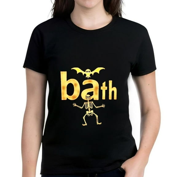 Halloween Women's Cotton Short Sleeve T-Shirt - Glow - in - the - Dark ' Bath ' Design with Bat & Skeleton